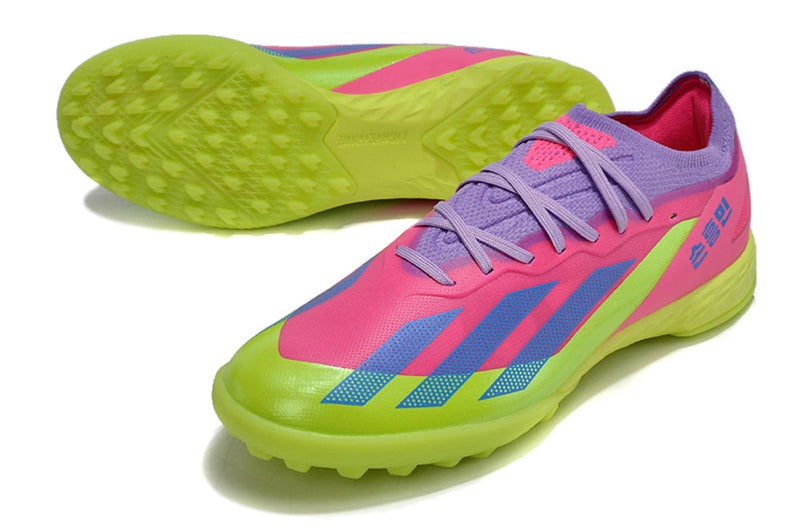 Chuteira Society Adidas X Crazyfast.1 TF Rosa e Verde "Son"