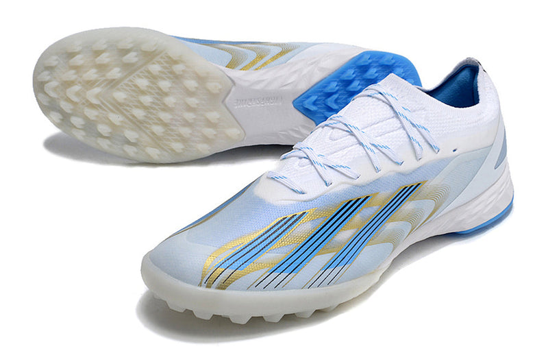 Chuteira Society Adidas X CrazyFast.1 TF Branca, Azul e Dourada "Las Estrellas"