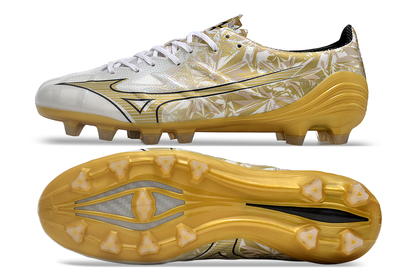 Chuteira Campo Mizuno Alpha FG Branca e Dourada "Sérgio Ramos"