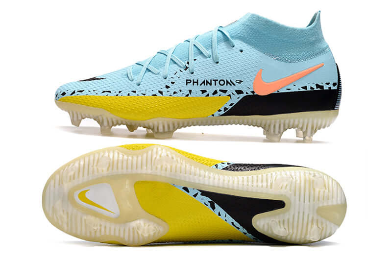 Chuteira Campo Nike Phantom GT2 DF Elite FG Azul, Preto e Amarelo "Lucent Pack"