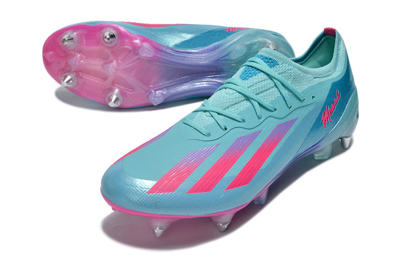 Chuteira Campo Adidas X Crazyfast Messi.1 Ponta de Aluminio Azul e Rosa "Miami Vice"