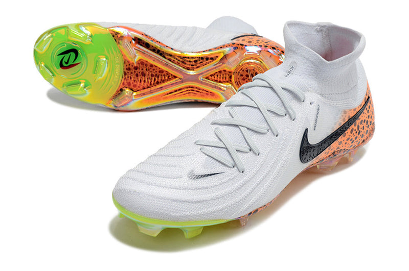 Chuteira Campo Nike Phantom Luna 2 Elite FG Branca, Preto e Laranja "Electric Pack"