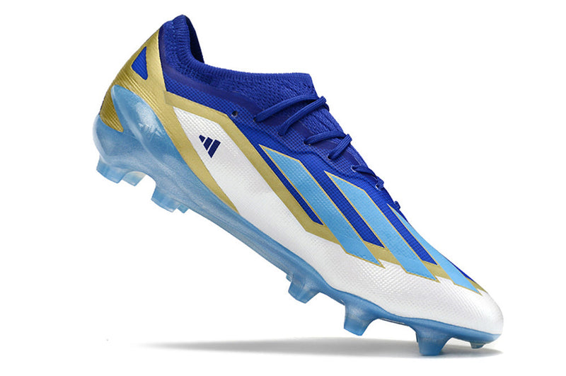 Chuteira Campo Adidas X Crazyfast Messi+ FG Azul, Branco e Dourado "Spark Gen10s"