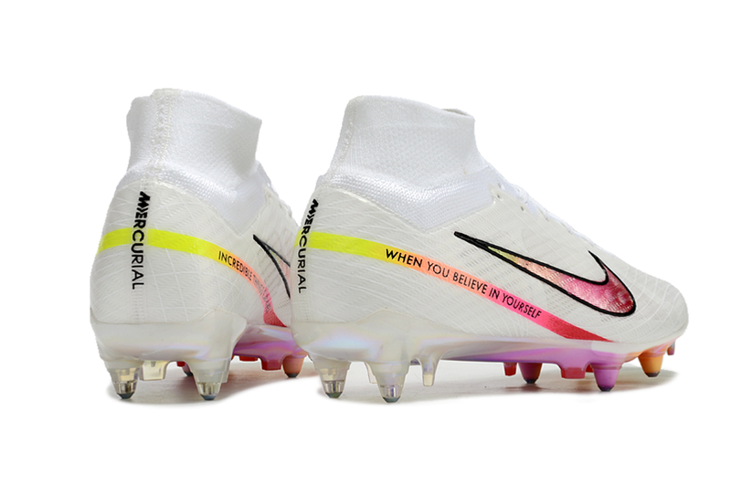 Chuteira Campo Nike Air Zoom Mercurial Superfly 9 Elite Ponta de Aluminio Branca e Rosa "Rashford"