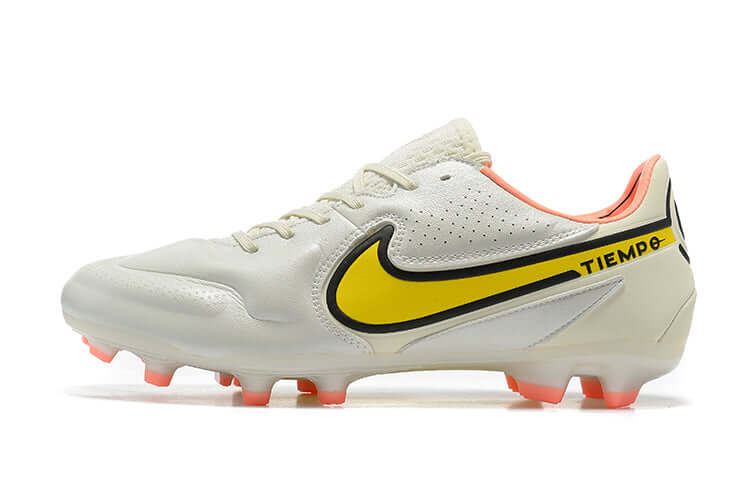 Chuteira Campo Nike Tiempo Legend 9 Elite FG Branca, Laranja e Amarelo