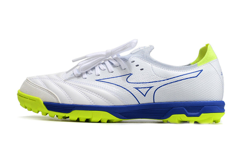 Chuteira Society Mizuno Morelia Neo Beta TF Branca, Azul e Verde "Below Zero"