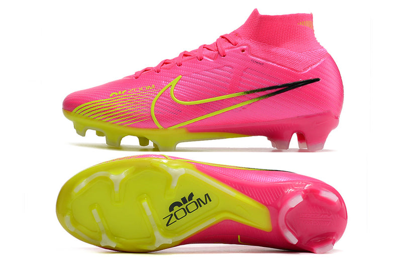 Chuteira Campo Nike Air Zoom Mercurial Superfly 9 Elite FG Rosa e Verde "Luminous Pack"