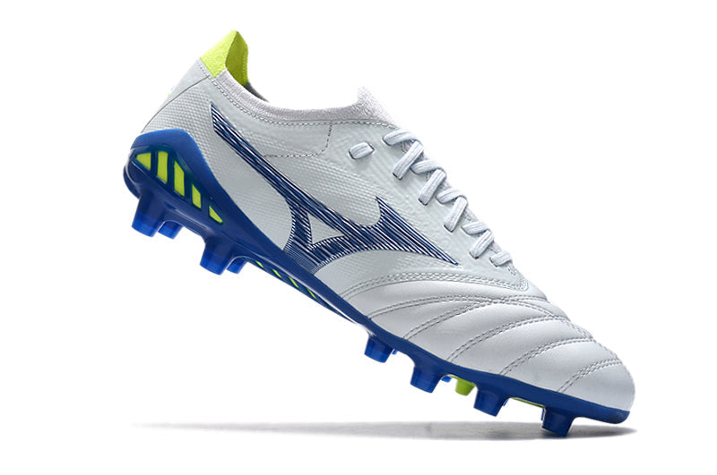 Chuteira Campo Mizuno Morelia Neo 3 FG Branca e Azul "Pre Future Pack"