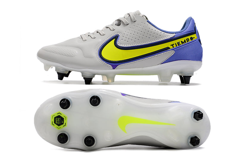 Chuteira Campo Nike Tiempo Legend 9 Elite Trava Mista Cinza e Roxo "Recharge Pack"