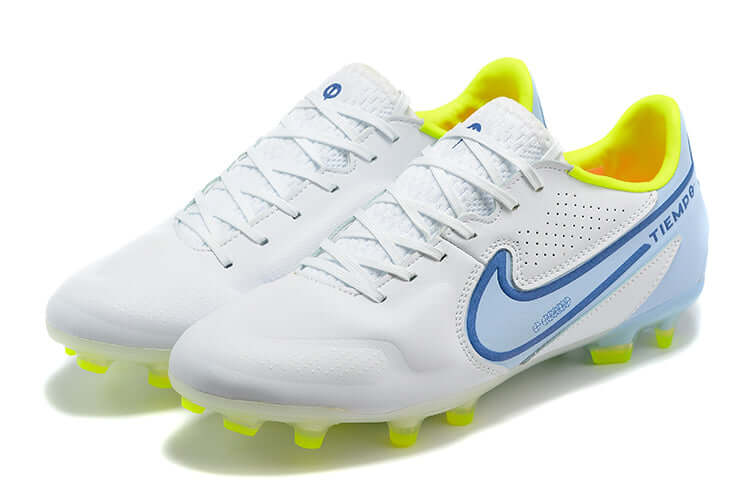 Chuteira Campo Nike Tiempo Legend 9 Elite FG Branca e Azul