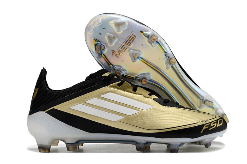 Chuteira Campo Adidas F50 Messi FG Preto e Dourado "Triunfo Dorado Pack"