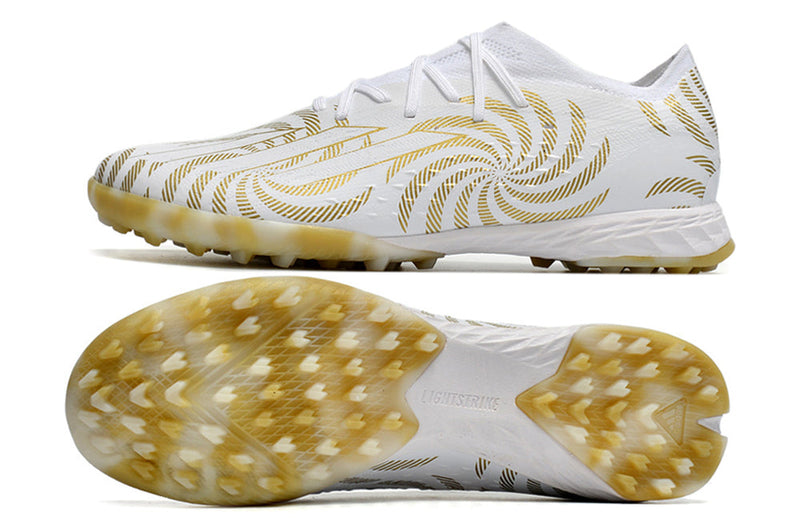 Chuteira Society Adidas X Speedportal.1 TF Branco e Dourado "Benzema Ballon d'or"