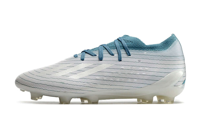 Chuteira Campo Adidas X Speedportal.1 FG Branca e Azul "Sustainability Pack"