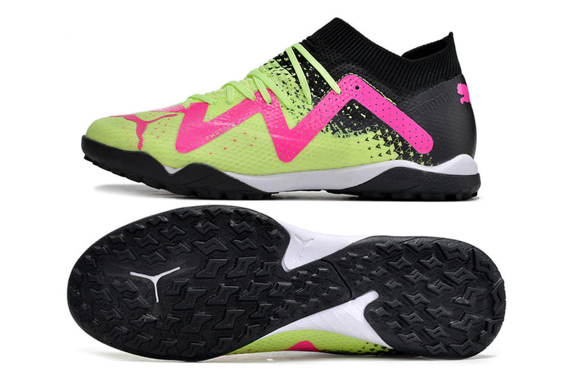 Chuteira Society Puma Future Ultimate TF Preta, Verde e Rosa "Tricks Pack"