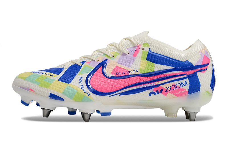 Chuteira Campo Nike Air Zoom Mercurial Vapor 15 Elite Trava Mista Branco, Azul e Rosa